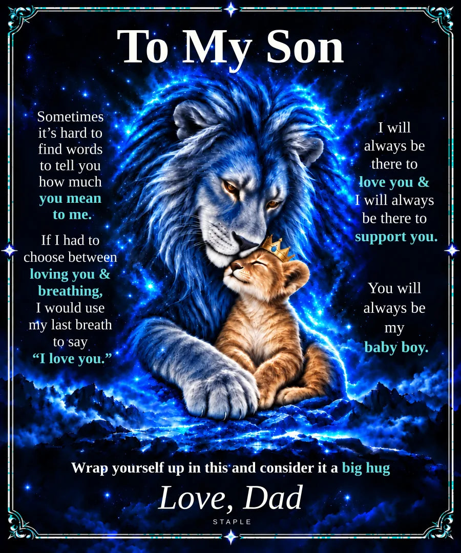 Flat design preview: To My Son lion blanket, Caramel Cub, with the Love, Dad message.