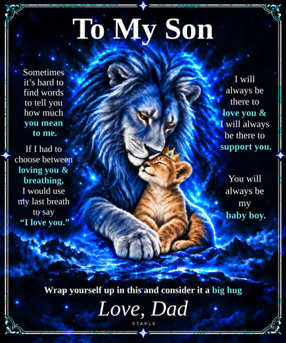 Flat design preview: To My Son lion blanket, Caramel Cub, with the Love, Dad message.