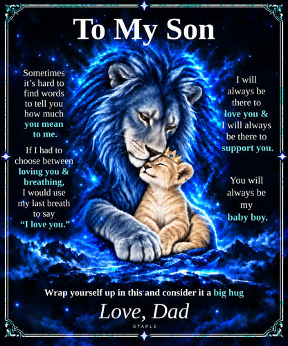 Flat design preview: To My Son lion blanket, Champagne Cub, with the Love, Dad message.