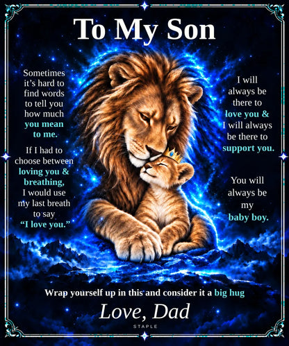 Flat design preview: To My Son lion blanket, Golden Father & Honey Cub, with the Love, Dad message.