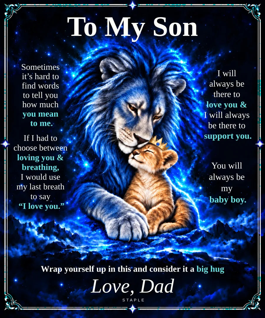 Flat design preview: To My Son lion blanket, Honey Gold Cub, with the Love, Dad message.