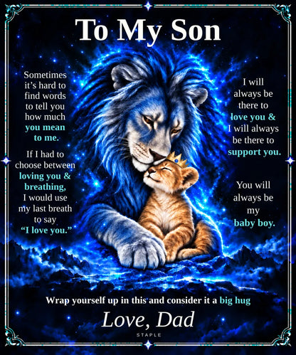 Flat design preview: To My Son lion blanket, Honey Gold Cub, with the Love, Dad message.