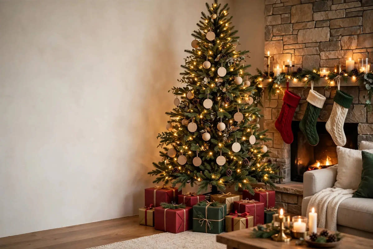 Illustrative Christmas living room with a decorated tree, stockings, fireplace and wrapped gifts