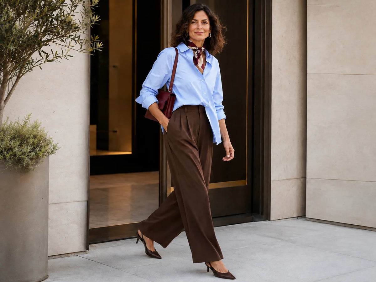 Woman wearing a STAPLE Cocoa Blue Edit fall outfit.