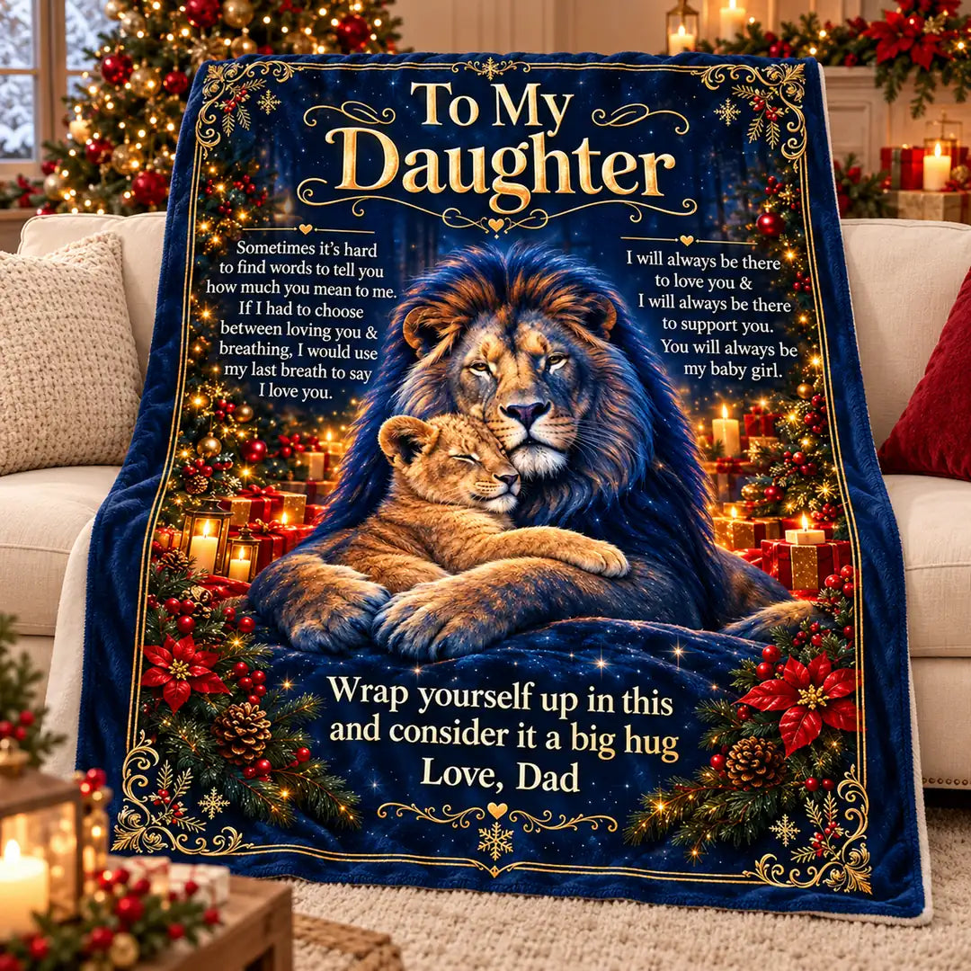 Illustrative Christmas Royal To My Daughter blanket on a sofa, with a blue-and-gold father lion, golden cub, ornate gold border, festive trees and candlelight.