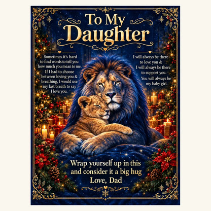 Complete Christmas Royal lion artwork with the fixed To My Daughter letter, a father lion and golden cub, Christmas decorations and Love, Dad signature.