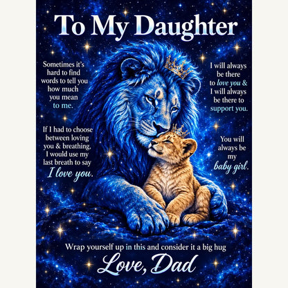 Full Royal Celestial artwork showing the complete fixed To My Daughter letter, blue father lion, golden cub, dual gold crowns and Love, Dad signature.