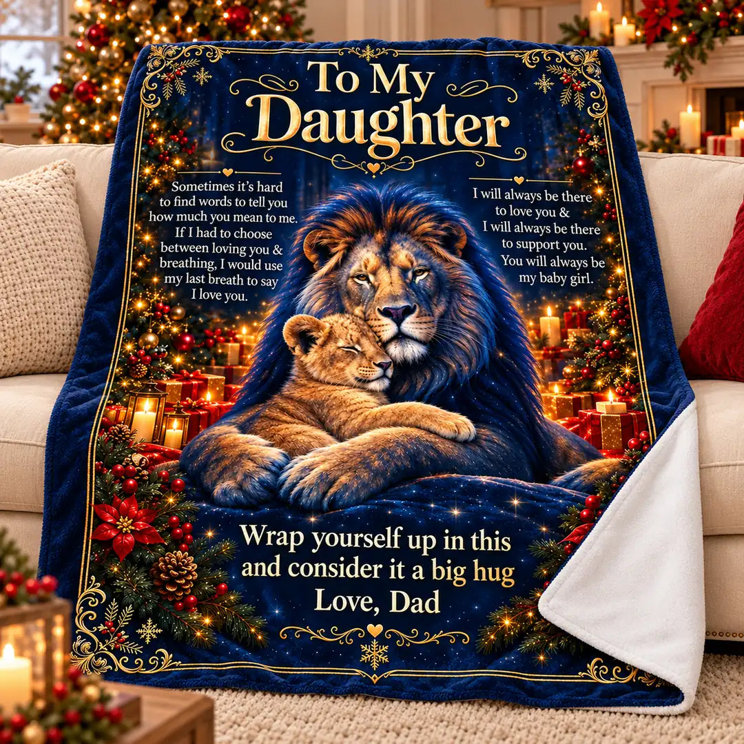 Illustrative Christmas Royal lion blanket front with a turned-back corner showing its plain white reverse.