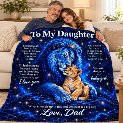 Illustrative lifestyle mockup of an adult daughter sitting with her father under the Royal Celestial To My Daughter blanket.