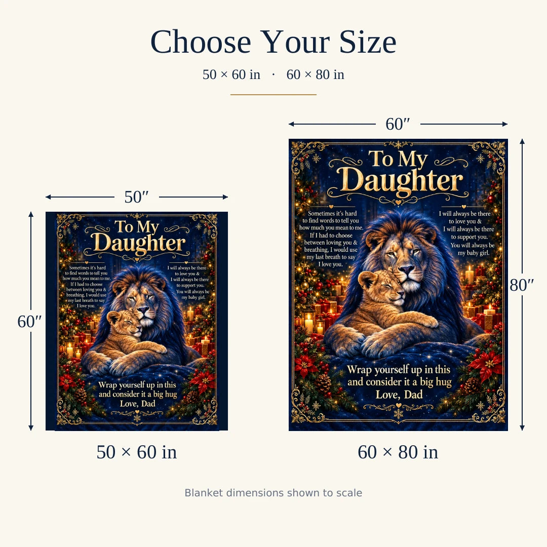 Christmas Royal lion blanket size guide showing 50 × 60 inches and 60 × 80 inches at the same scale.
