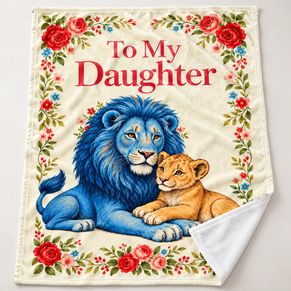Illustrative view of the blue lion floral blanket with a folded corner revealing its plain white reverse beneath the printed cream front.