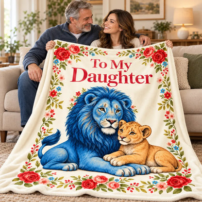Illustrative father-and-adult-daughter lifestyle scene with the To My Daughter blue lion floral blanket on a sofa.