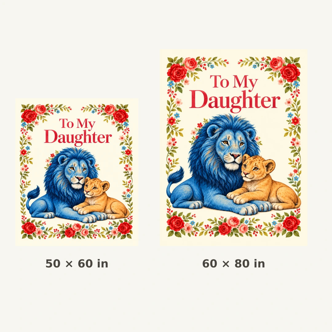 Blue lion floral blanket size comparison showing the 50 × 60 inch and 60 × 80 inch options.
