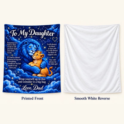 Illustrative front and reverse views of the celestial cartoon lion blanket, with the To My Daughter message on the navy printed front and a smooth white reverse.