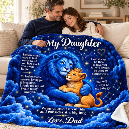 Illustrative father-and-adult-daughter scene with the celestial cartoon lion blanket across their laps, showing the blue father lion, golden crowned cub and Love, Dad message.