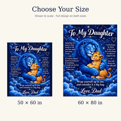 Celestial cartoon lion blanket size guide comparing the 50 × 60 inch and 60 × 80 inch options at the same scale.