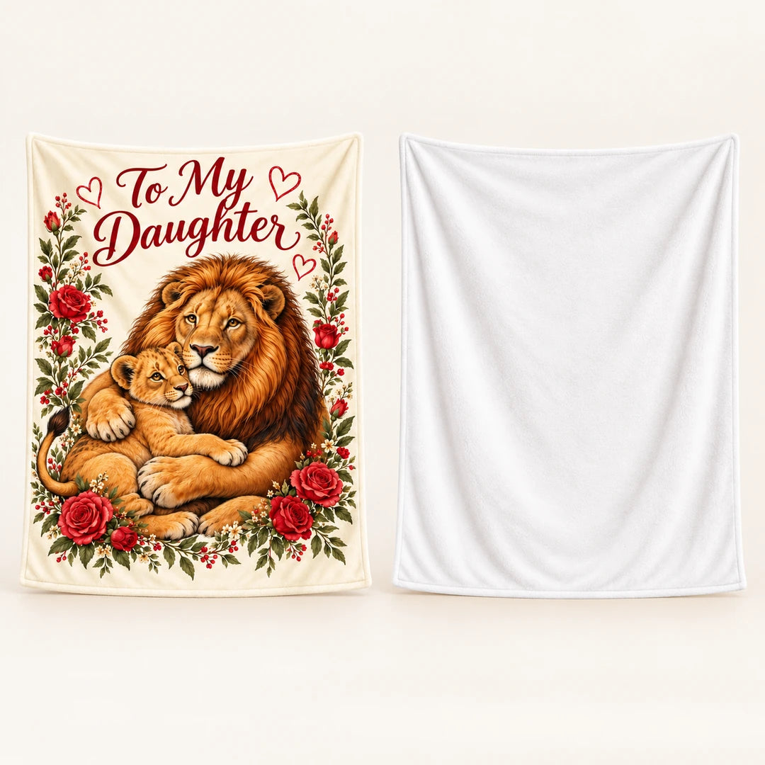 Illustrative front and reverse views of the To My Daughter golden lion floral blanket, with red roses on the printed cream front and a plain white plush back.
