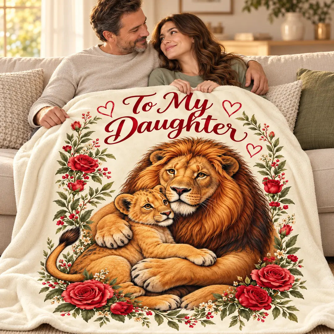 Illustrative father-and-adult-daughter lifestyle scene with the To My Daughter golden lion floral blanket across their laps on a sofa.