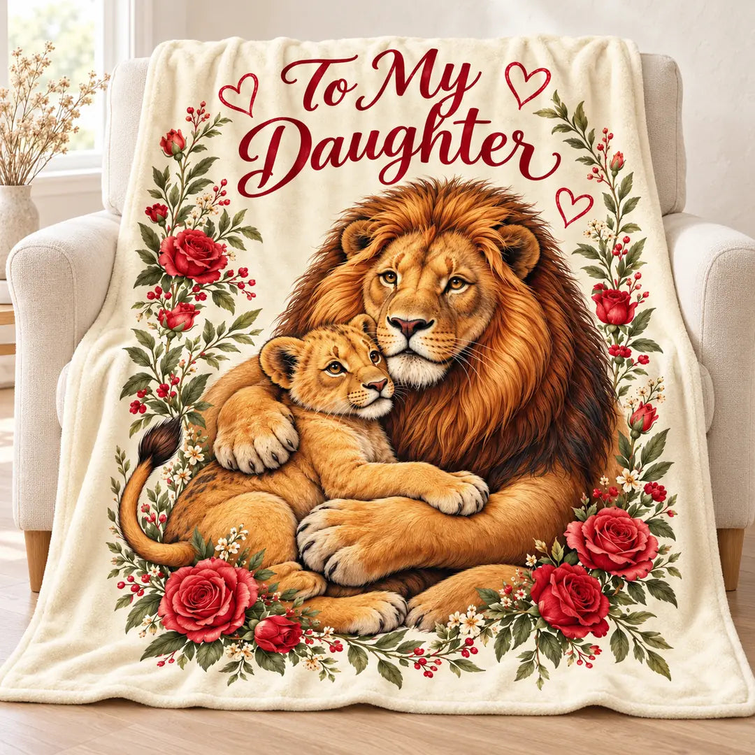 Illustrative mockup of To My Daughter golden lion floral blanket draped over a cream armchair, with a golden father lion and cub framed by red roses.