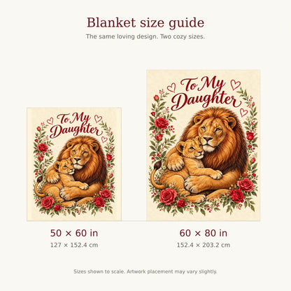 Golden lion floral blanket size guide comparing 50 × 60 inches (127 × 152.4 cm) and 60 × 80 inches (152.4 × 203.2 cm).