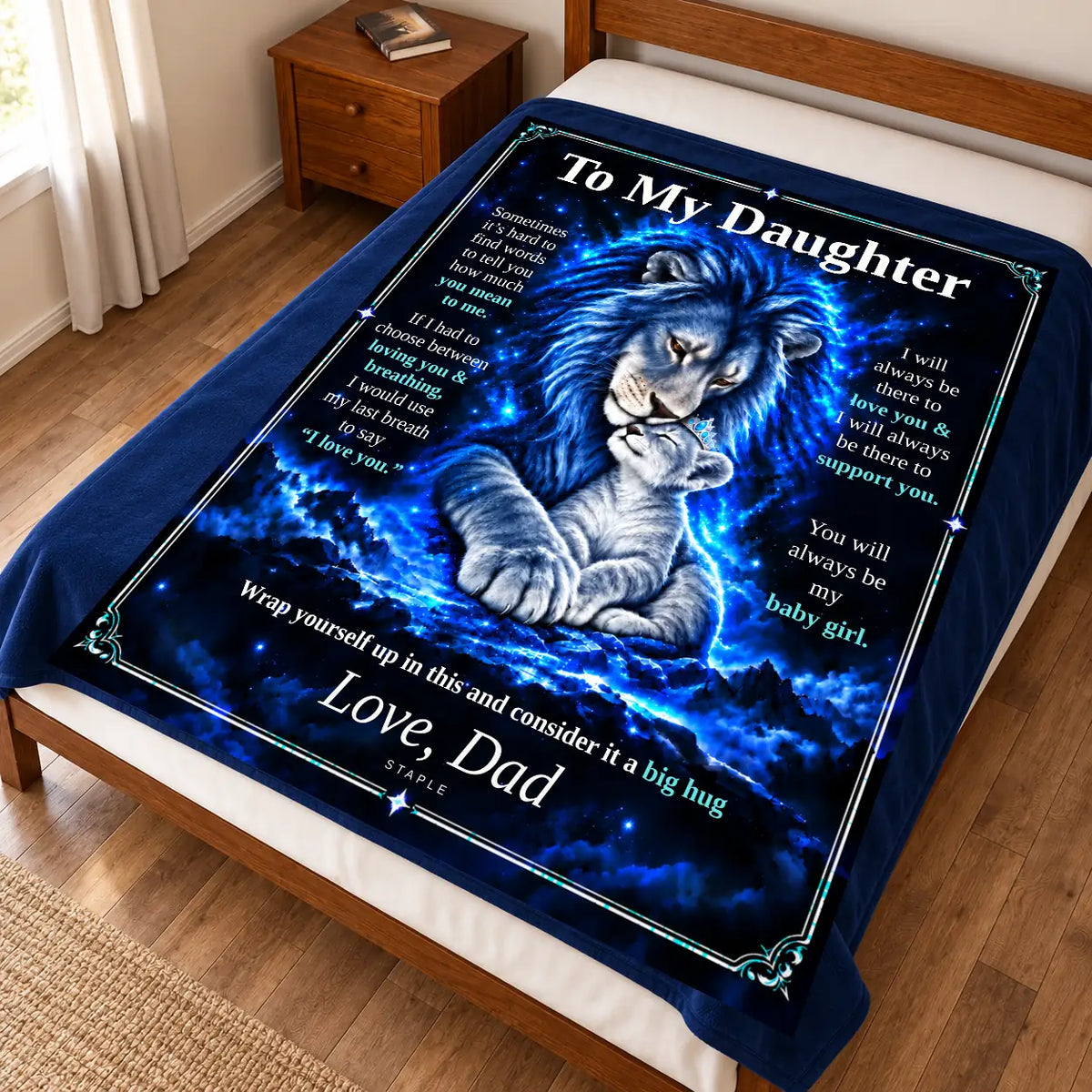 Original Blue design bedroom illustration: To My Daughter blanket draped over a bed.