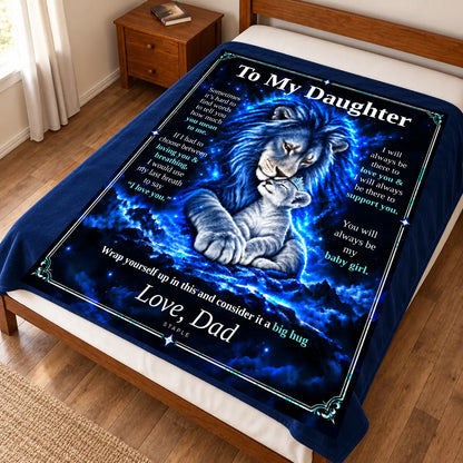 Original Blue design bedroom illustration: To My Daughter blanket draped over a bed.