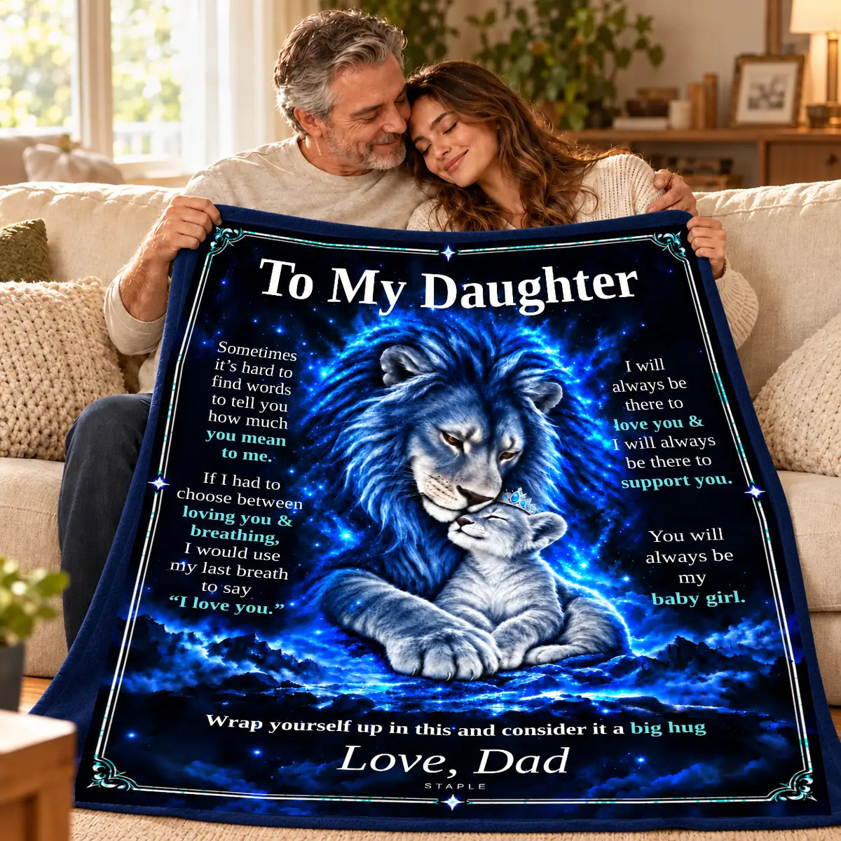 Original Blue design lifestyle illustration: father and adult daughter together with the To My Daughter blanket.