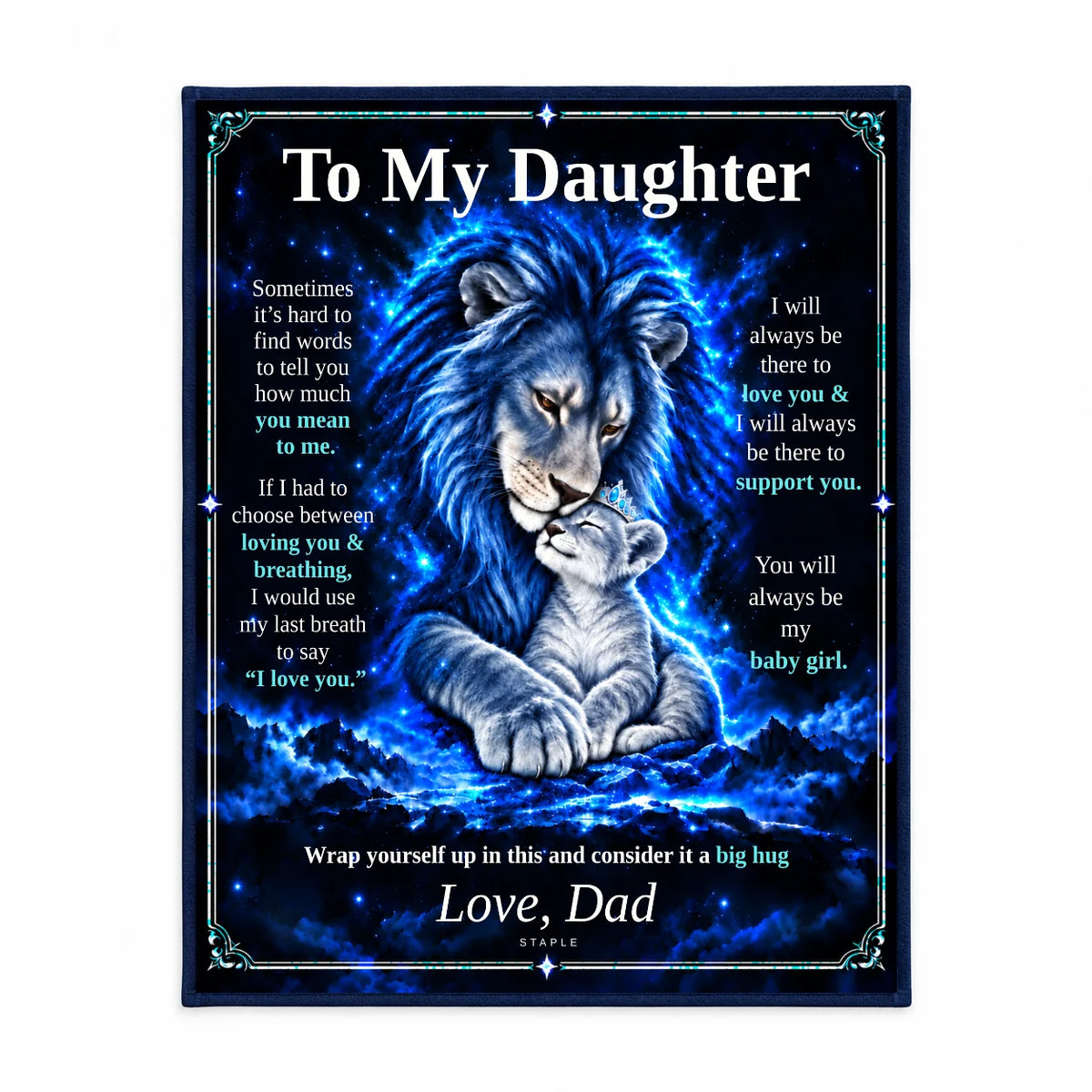 Original Blue design studio illustration: To My Daughter blanket shown flat against a white background.