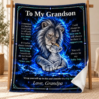 Original Blue To My Grandson Blue Lion blanket from Grandpa displayed on a wooden stand, with a curled corner showing its white velveteen reverse.