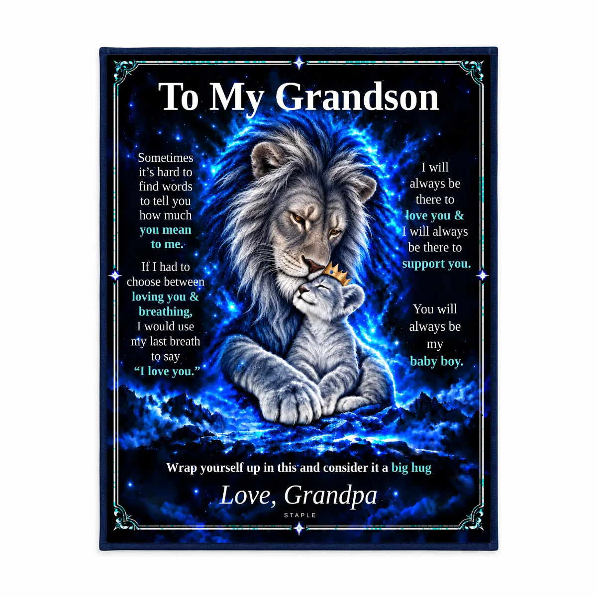 Illustrative studio mockup: To My Grandson lion blanket displayed against a white studio background, showing the Original Blue artwork and Love, Grandpa signature.