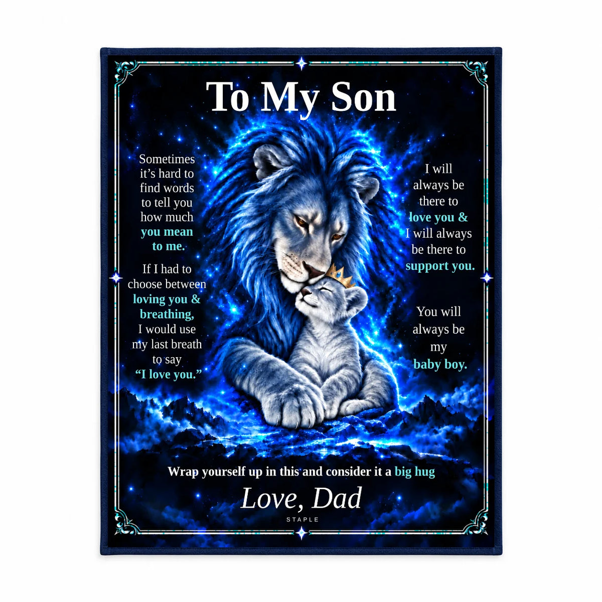 Illustrative studio mockup: To My Son lion blanket displayed against a white studio background, showing the Original Blue artwork and Love, Dad signature.