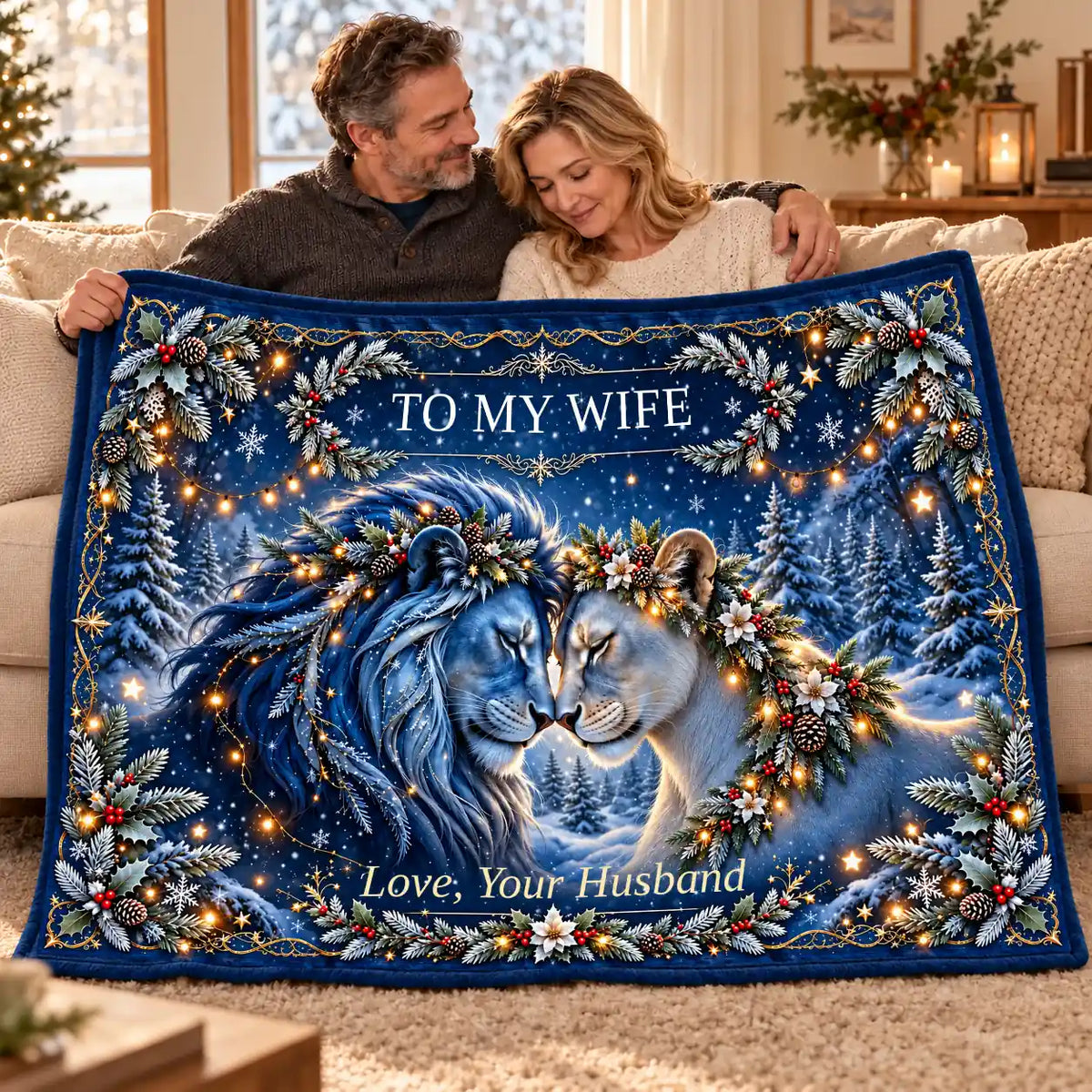 Illustrative lifestyle mockup: To My Wife lion blanket held by a husband and wife on a sofa, showing the Original Blue artwork and Love, Your Husband signature.