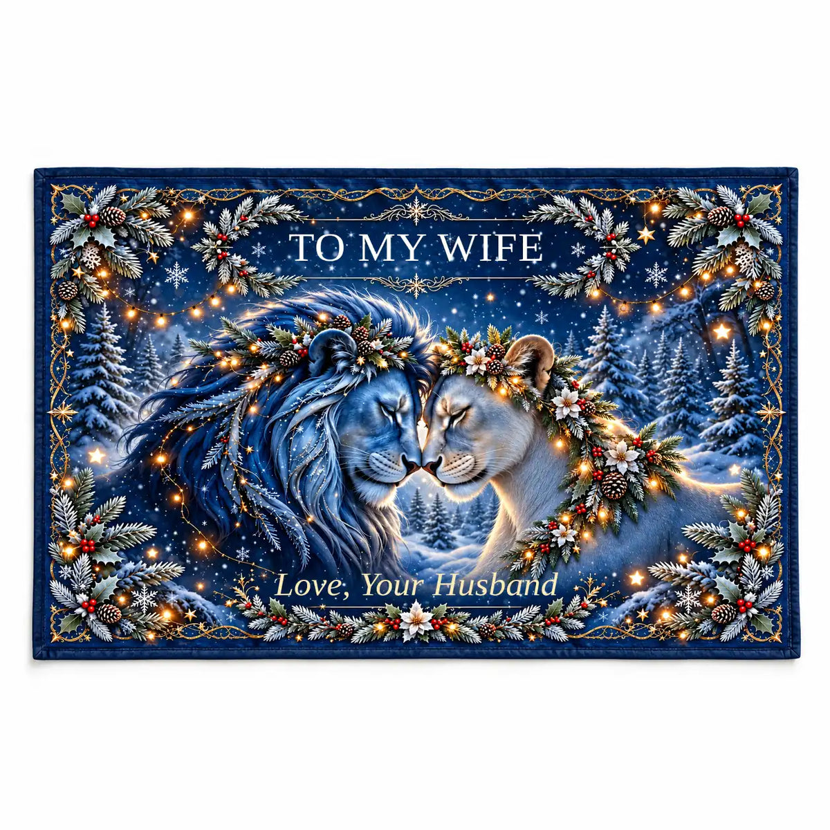 Illustrative studio mockup: To My Wife lion blanket displayed against a white studio background, showing the Original Blue artwork and Love, Your Husband signature.