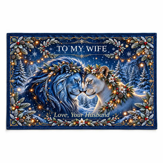 Illustrative studio mockup: To My Wife lion blanket displayed against a white studio background, showing the Original Blue artwork and Love, Your Husband signature.