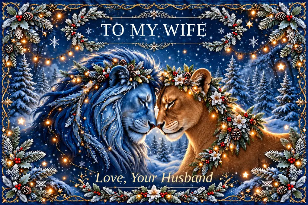Flat design preview: TO MY WIFE winter lion blanket, Caramel Lioness, with Love, Your Husband signature.