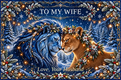 Flat design preview: TO MY WIFE winter lion blanket, Caramel Lioness, with Love, Your Husband signature.