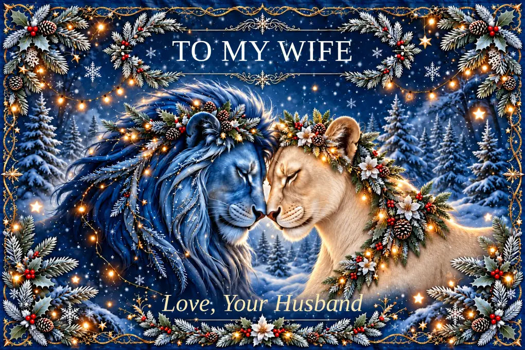 Flat design preview: TO MY WIFE winter lion blanket, Champagne Lioness, with Love, Your Husband signature.