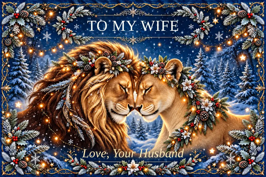 Flat design preview: TO MY WIFE winter lion blanket, Golden Lion & Honey Lioness, with Love, Your Husband signature.