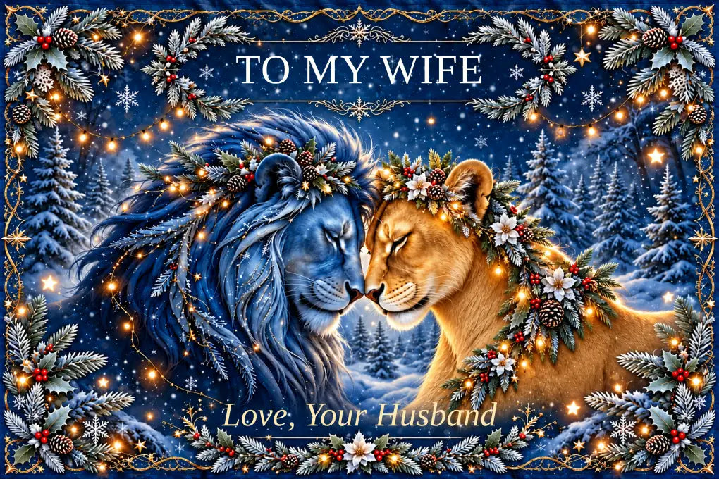 Flat design preview: TO MY WIFE winter lion blanket, Honey Gold Lioness, with Love, Your Husband signature.