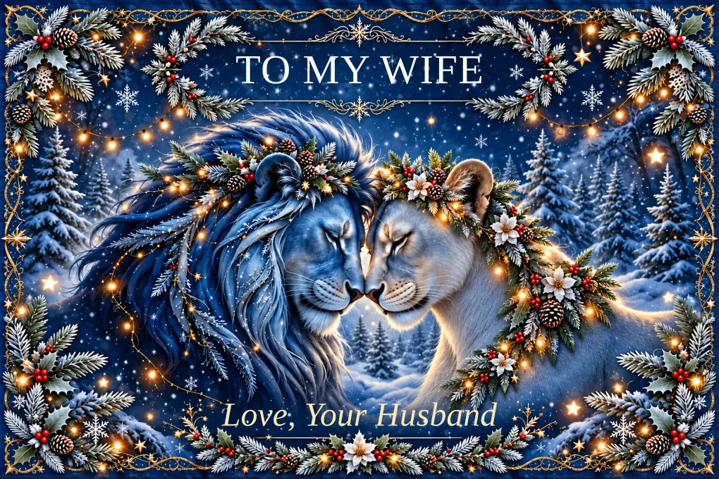Flat design preview: TO MY WIFE winter lion blanket, Original Blue, with Love, Your Husband signature.