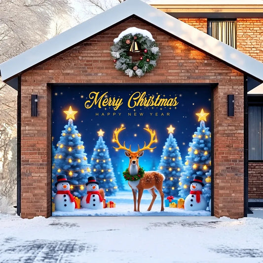 Illustrative Winter Wonderland (Glow) Christmas garage door cover showing a reindeer, snowy Christmas trees and stars, single-door view.