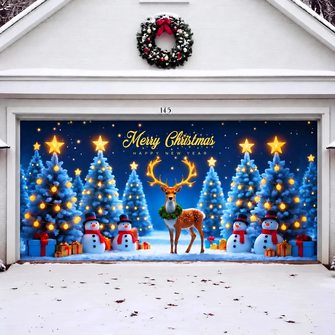 Illustrative Winter Wonderland (Glow) Christmas garage door cover showing a reindeer, snowy Christmas trees and stars, double-door view.