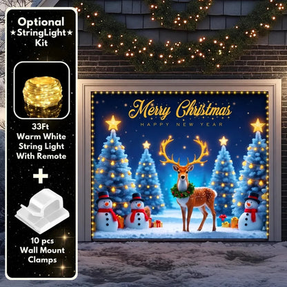Illustrative Winter Wonderland (Glow) Christmas garage door cover showing a reindeer, snowy Christmas trees and stars, single-door view with optional string lights.
