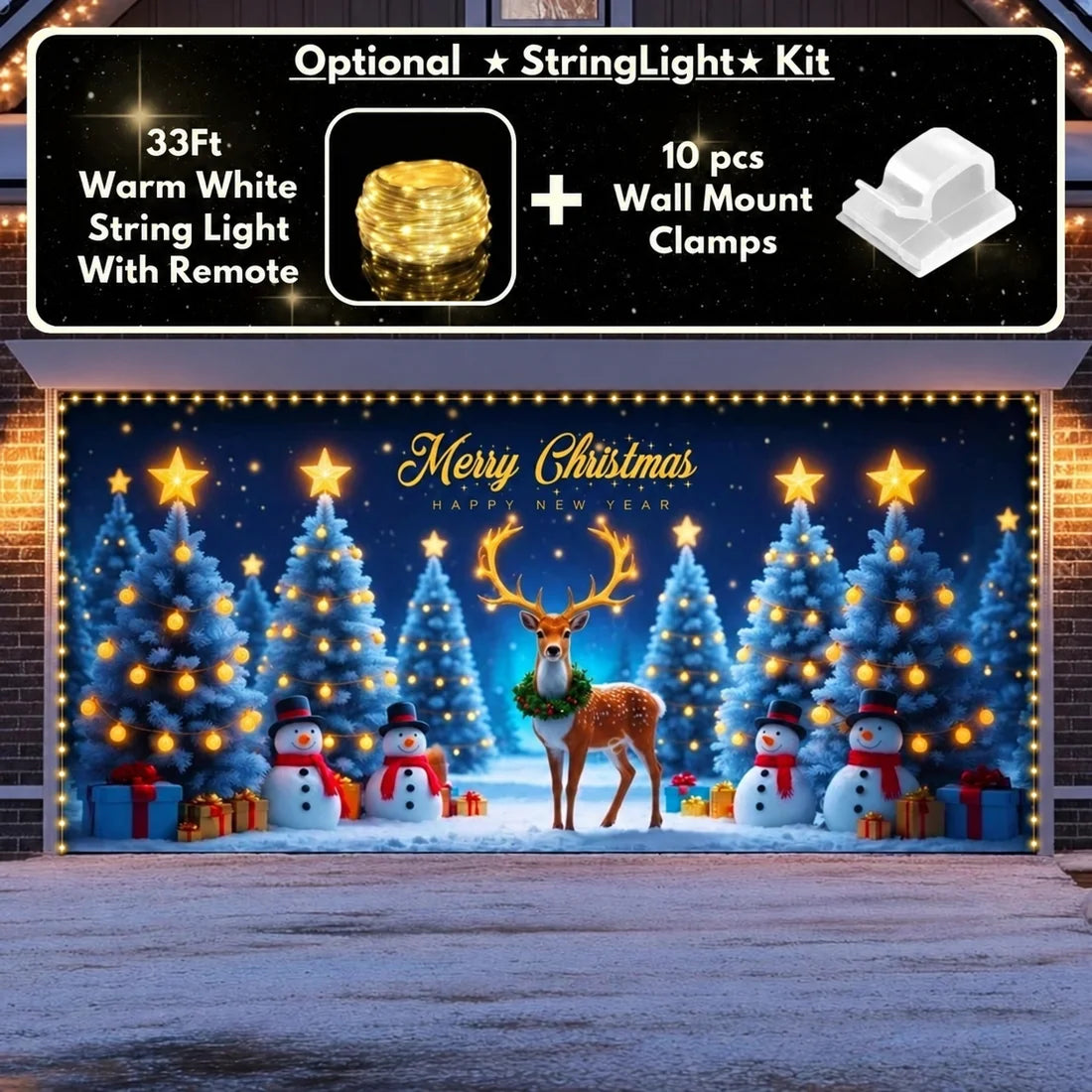 Illustrative Winter Wonderland (Glow) Christmas garage door cover showing a reindeer, snowy Christmas trees and stars, double-door view with optional string lights.